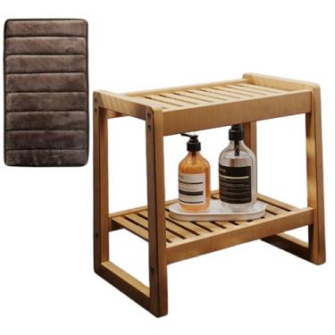 Imagem de Banco de chuveiro de madeira com prateleira e alça, banco de banho antiderrapante com almofada macia, banco de entrada portátil de 100 kg, para adultos, idosos, deficientes, à prova d'água e fácil de