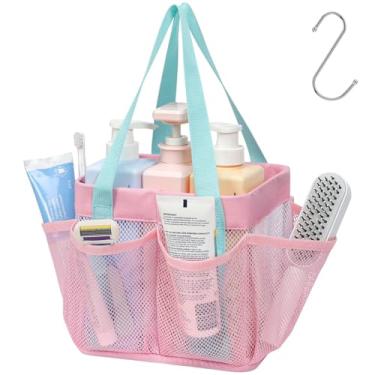 Imagem de F-color Suporte de chuveiro de malha portátil – 8 bolsos essenciais para dormitório para meninos e meninas com gancho S, bolsa de chuveiro, bolsa de banho, acampamento universitário, banheiro, rosa