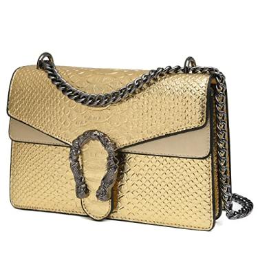 Imagem de MYHOZEE Bolsas transversais para mulheres – Bolsas de mão com estampa de serpente, bolsas de ombro com corrente de couro, bolsas de ombro para, Dourado, Durável