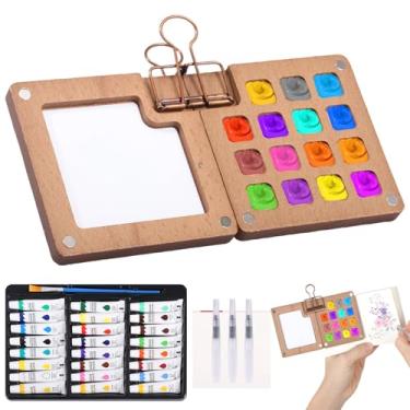 Imagem de Mini conjunto de aquarela para viagem 12/24 paleta de tintas, caderno de esboço, caneta de água, clipe de pincel, paleta de tinta guache de madeira portátil para esboços ao ar livre para estudantes de