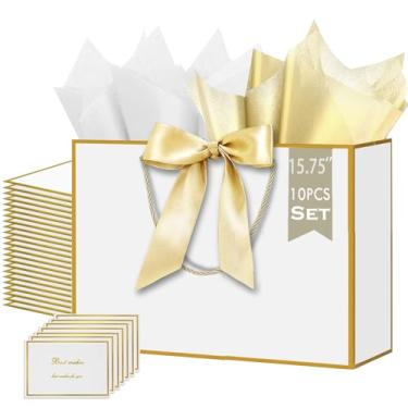 Imagem de HONTIUS Saco de presente extra grande de 15,75 polegadas, 10 peças brancas por atacado presentes grandes sacos de presente de papel, fitas, cartões, 40 * 30 * 12,5 cm, presente de festa de aniversário