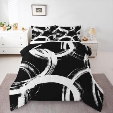 Imagem de Erosebridal Conjunto de cama Queen preto e branco, linha abstrata, minimalista, pintura a tinta, conjunto de edredom para crianças, meninos, meninas, arte de graffiti, moderna, geométrico, boêmio