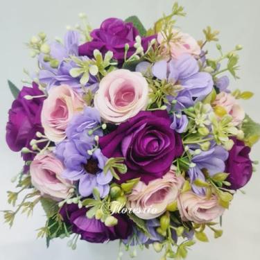 Imagem de Buquê de Noiva Artificial com Flores Coloridas para Casamento Civil ou Religioso(00525/Roxo/Margarida/Rosa)