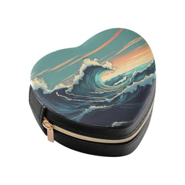 Imagem de Burbuja Caixa de joias em forma de coração com onda do mar, mini estojo de viagem para mulheres e meninas, organizador portátil de armazenamento para brincos, anéis, colares e pulseiras