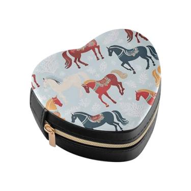 Imagem de Burbuja Caixa de joias em forma de coração com cavalos suecos, mini estojo de viagem para mulheres e meninas, estojo portátil organizador de armazenamento para brincos, anéis, colares e pulseiras