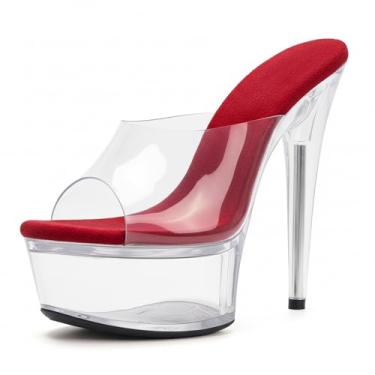 Imagem de WUXIN H&P Sandália feminina de salto alto plataforma transparente de 15 cm sexy stiletto pole dance exótica, Vermelho, 36
