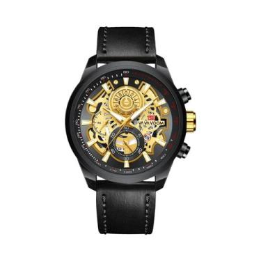 Imagem de Relógio Masculino De Couro Dourado 45mm VA VA VOOM Moda Industrial Com