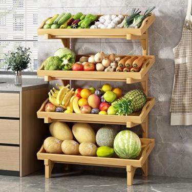 Imagem de Rack de exibição de lanche comercial, cesta de armazenamento de frutas e vegetais de madeira com corrimão, prateleira de supermercado destacável para casa, cozinha e despensa (cinza claro)