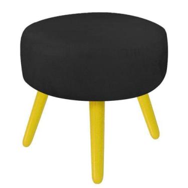 Imagem de Puff Decorativo Angel Redondo Suede preto Pés Palito Amarelo - D'Rossi