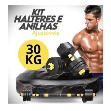 Imagem de Kit Halteres 6 Em 1 Peso Musculação Até 30kg Ajustável Preto Cor:preto E Amarelo