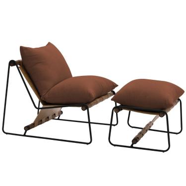 Imagem de Kit Poltrona Com Puff Turim Base Aço Preto Recouro Camel Linho Telha - Nexta Casa