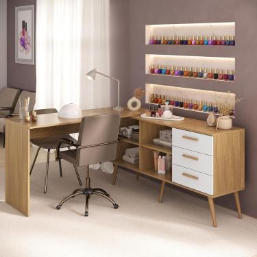 Imagem de Mesa De Manicure Profissional Em L Com 3 Gavetas Jady Multimóveis Mp6041 Madeirado/branco
