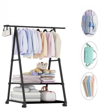 Imagem de Estante Organizadora Multiuso com Arara para Roupas e Sapateira 2 Prateleiras em Plástico TNT e Ferro 55CM Preto Yeet