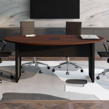 Imagem de Mesa de Reunião Orgânica 180x105cm com Caixa de Tomadas e Pés em Metal Corporate Louro Preto com Preto