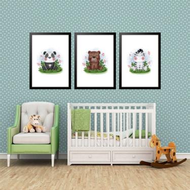Imagem de Kit 3 Quadros Grandes Quarto Infantil Filhotinhos 60x48cm