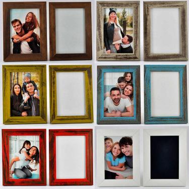 Imagem de Porta-Retratos 10x15 Kit 06 Unid Madeira padrão Demolição e Lisa &quot;COLORIDOS&quot; c/ vidro e suporte mesa