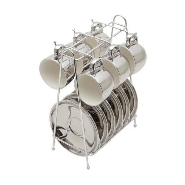 Imagem de Kit 6 Xícaras Porcelana Pires E Suporte Branco/Prata 90Ml