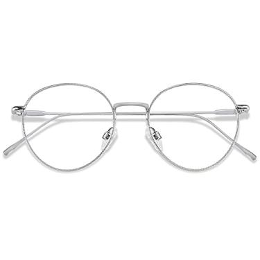 Imagem de ANDWOOD Óculos com bloqueio de luz azul, feminino, masculino, rosto pequeno, bloqueador de luz azul, superleve, armação de metal redonda, Prata | Lente anti-luz azul, P