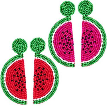 Imagem de 2 pares de brincos em formato de melancia de frutas, brincos de semente boêmia, brincos feitos à mão, brincos pendentes de contas para mulheres, meninas, joias de festa (vermelho, vermelho)
