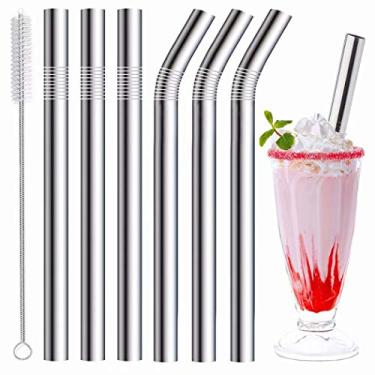 Imagem de Canudos de aço inoxidável, canudos de metal reutilizáveis extragrandes para milkshake, Smoothie, Beverage, 1 escova de limpeza, Prata, set of 6-0.4"