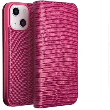 Imagem de CYSUE Capa carteira com estampa de crocodilo para Apple iPhone 13 (2021) 6,1 polegadas, capa flip de couro genuíno vermelho rosa [compartimentos para cartões] [apoio] capa de telefone fólio