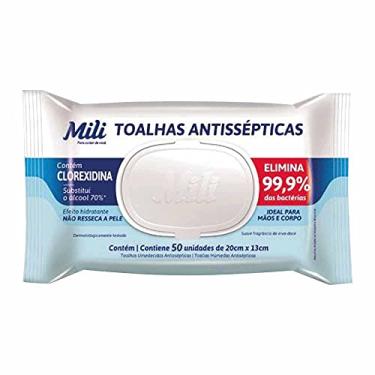 Imagem de Mili Toalhas Umedecidas Antissépticas, Higienização de Mãos e Corpo, Elimina 99,9% das Bactérias, 50 Unidades
