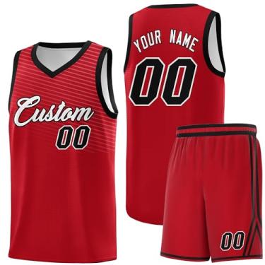 Imagem de Camiseta personalizada de basquete Jersey uniforme atlético hip hop impressão personalizada número de nome para homens jovens, Vermelho e preto-02, One Size
