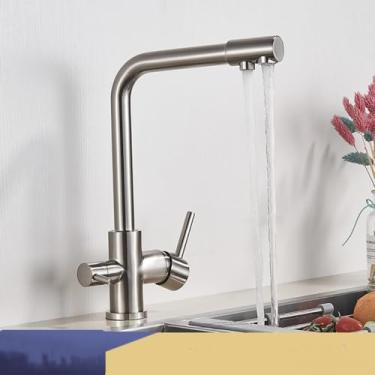Imagem de Filtro torneira da cozinha cromo beber água pura torneira da cozinha deck montado alças duplas 3 maneiras misturador de água quente e fria, níquel escovado, 1