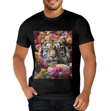 Imagem de Sipumia Camiseta unissex de algodão manga curta gola redonda 3D estampa floral tigre camiseta casual, Cor-05, P