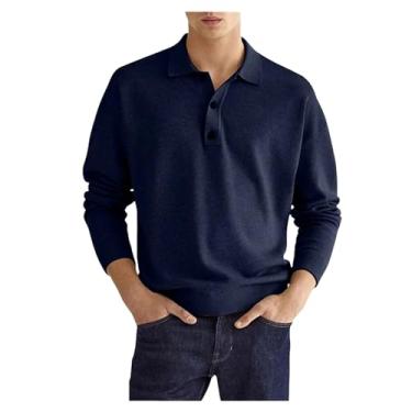Imagem de Camisa polo masculina meia frente botões cor sólida gola larga cintura elástica, Azul-escuro, M