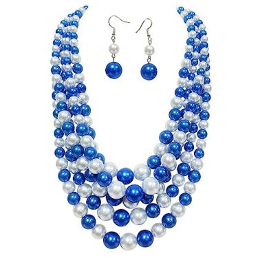 Imagem de Rosemarie & Jubalee Conjunto de 5 colares e brincos de pérola simulada de vários fios coloridos para mulheres, extensor de 40,6 cm + 7,6 cm, Metal Vidro, Contas de vidro