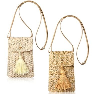 Imagem de Sweetude 2 peças bolsa de praia de palha para mulheres bolsa de palha de tecido de verão linda bolsa transversal de ombro para mulheres, Cáqui, bege, Vivid