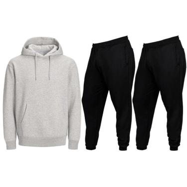 Imagem de Conjunto De Moletom Blusa de Frio Abrigo Canguru Com Capuz Colorida e 2 Calças Lisas Preta-Masculino