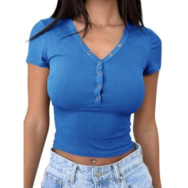 Imagem de TICTICMIMI Camisetas femininas de verão de manga curta, gola V, malha canelada, com botões, Azul escuro, GG
