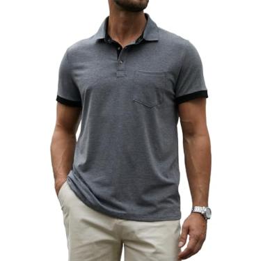 Imagem de Hardaddy Camisa polo masculina casual com bolso, cor contrastante, manga curta, para trabalho, camiseta de verão, Cinza escuro, XXG
