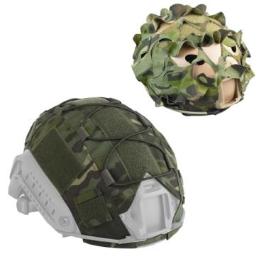 Imagem de Capa de capacete camuflado versão atualizada, tecido militar tático rápido capacete airsoft capa de malha de camuflagem respirável para capacete rápido Ops-Core PJ/MH no tamanho M/G (camuflagem