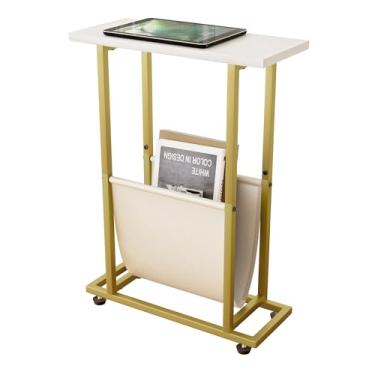 Imagem de Mesa lateral estreita com suporte de revista de couro PU moderna fina pequena mesa fina para sala de estar, quarto, sofá, branca