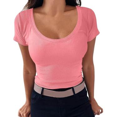 Imagem de Nagub Top feminino de verão com nervuras manga curta gola canoa espartilho slim fit camiseta Y2k roupas para sair 2024, rosa, GG