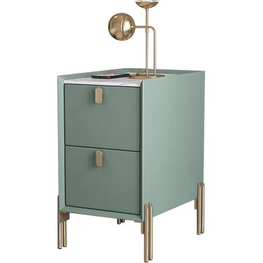 Imagem de Mesa lateral estreita de meados do século | Mesa de cabeceira moderna com 2 gavetas de armazenamento | Mesa de cabeceira minimalista de pedra sinterizada para espaços pequenos, verde, 30x35x