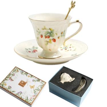 Imagem de Conjunto de xícara de chá e pires de porcelana, caneca de café de cerâmica de 250 ml com pires e colher, xícara de café vintage com acabamento dourado e caixa de presente para mãe e dia das mães,