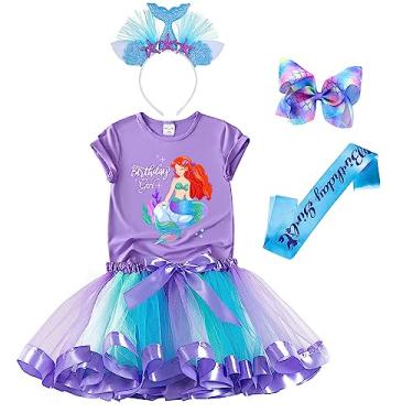 Imagem de Conjunto de roupa de aniversário de sereia – camisa, vestido tutu arco-íris, faixa de cetim, faixa de cabeça – presentes de aniversário para fantasia de meninas (roxo 1, 7 anos)