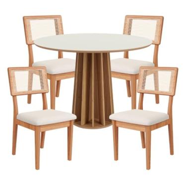 Imagem de Kit Mesa de Jantar Redonda Base Ripado com 4 Cadeiras Estofada Encosto Tela Césare Dalla Costa