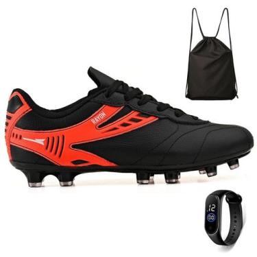 Imagem de Kit Chuteira de Couro Futebol Campo Grama Natural + Mochila e Relogio 