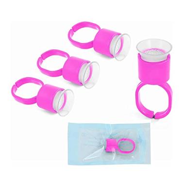 Imagem de Copos de anel de tinta, 100 peças de anéis de cola de pigmento microblading rosa com tampas de copos de tinta de esponja de maquiagem permanente extensões de sobrancelha suporte médio para suprimentos