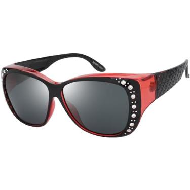 Imagem de The Fresh Fit Over Glasses Óculos de sol polarizados com strass FR1F5610 - Estojo de couro para óculos, F5610p01 Cristal Preto/Borgonha Claro, Cinza, Medium