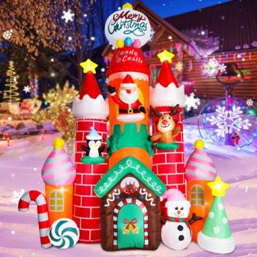 Imagem de Afirst Castelo de Decoração Ao Ar Livre Inflável de Natal - Castelo de Natal Inflável de 10 Pés com Rena de Pinguim de Boneco de Neve Gigante Ao Ar Livre Interno Explosão Airblown Led Light Yard Lawn