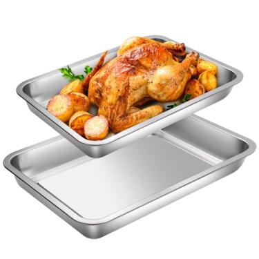 Imagem de Conjunto de 2 assadeiras de aço inoxidável 304 de 39,9 cm e 35,8 cm, assadeira grossa, assadeira de forno antiaderente, forma de bolo fácil de limpar para preparar aperitivos (prata)