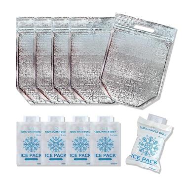 Imagem de Lancheira isolada com fecho e alça de zíper, bolsas térmicas e reutilizáveis, bolsa térmica, quente e fria, ideal para sanduíches, lanches, bebidas, compras, acampamento (médio_5 sacos de 25 x 28 cm + 5 pacotes de gelo)