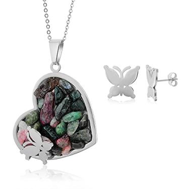 Imagem de Gem Stone King Lindo conjunto de pingente de coração de pedra de 2 peças com brincos combinando, Aço inoxidável, Sem Pedra