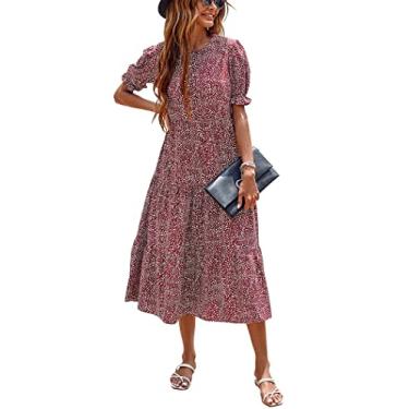 Imagem de PRETTYGARDEN Vestido feminino casual de verão, boêmio, estampa floral, babado, bufante, manga curta, midi rodado, vestidos de festa na praia, Vermelho e branco., G
